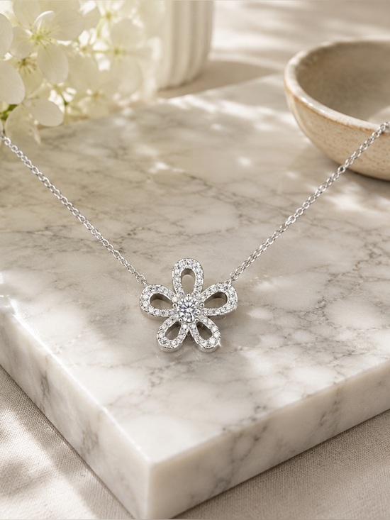 Moissanite Jewelry - GRA Certified .5ct Moissanite Sterling Silver Flower Necklace | New w/ GRA Cert